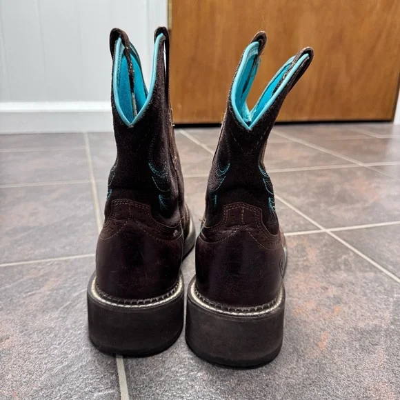 Ariat Brown Leather Western Heeled Boots with Turquoise Stitching - Picture 6 of 16